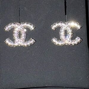 CHANEL Earrings CC Logo Stud Silver